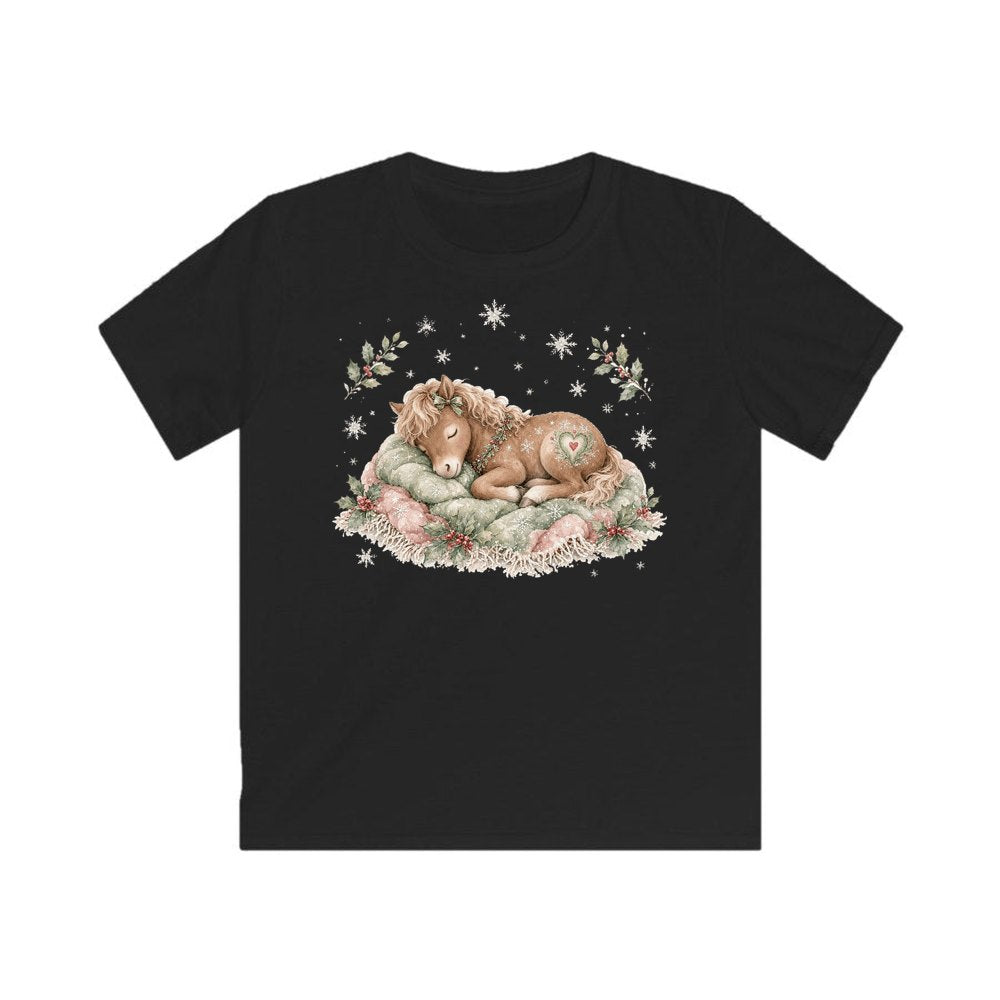 Sleepy Christmas Pony personalised kids Christmas tee in black