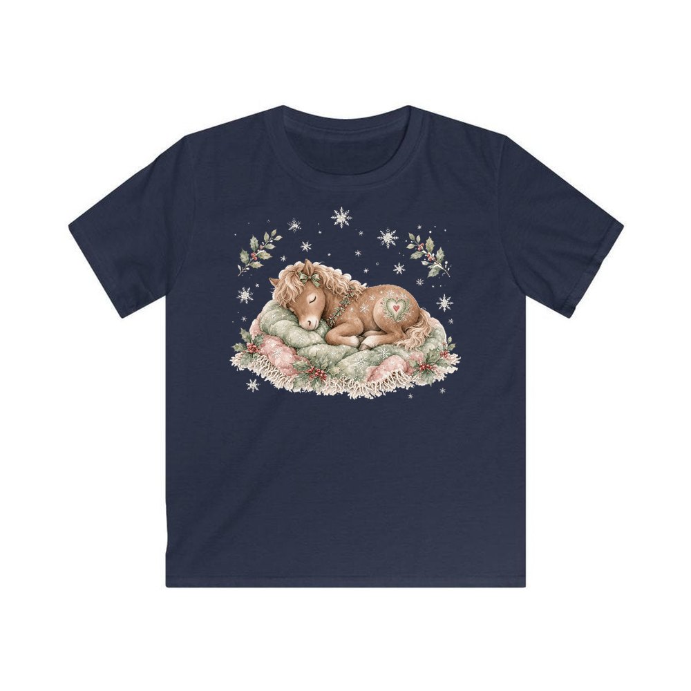 Sleepy Christmas Pony personalised kids Christmas tee in navy