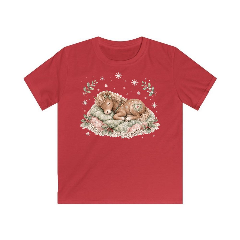 Sleepy Christmas Pony personalised kids Christmas tee in red