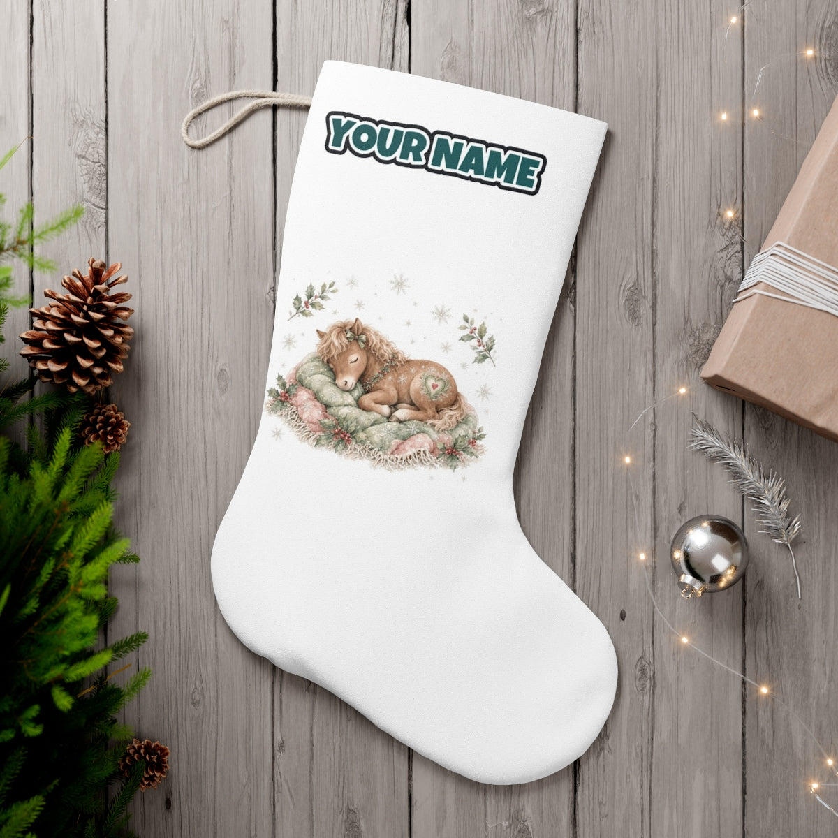 Sleepy Christmas Pony personalised Christmas stocking, white, with the name across the top