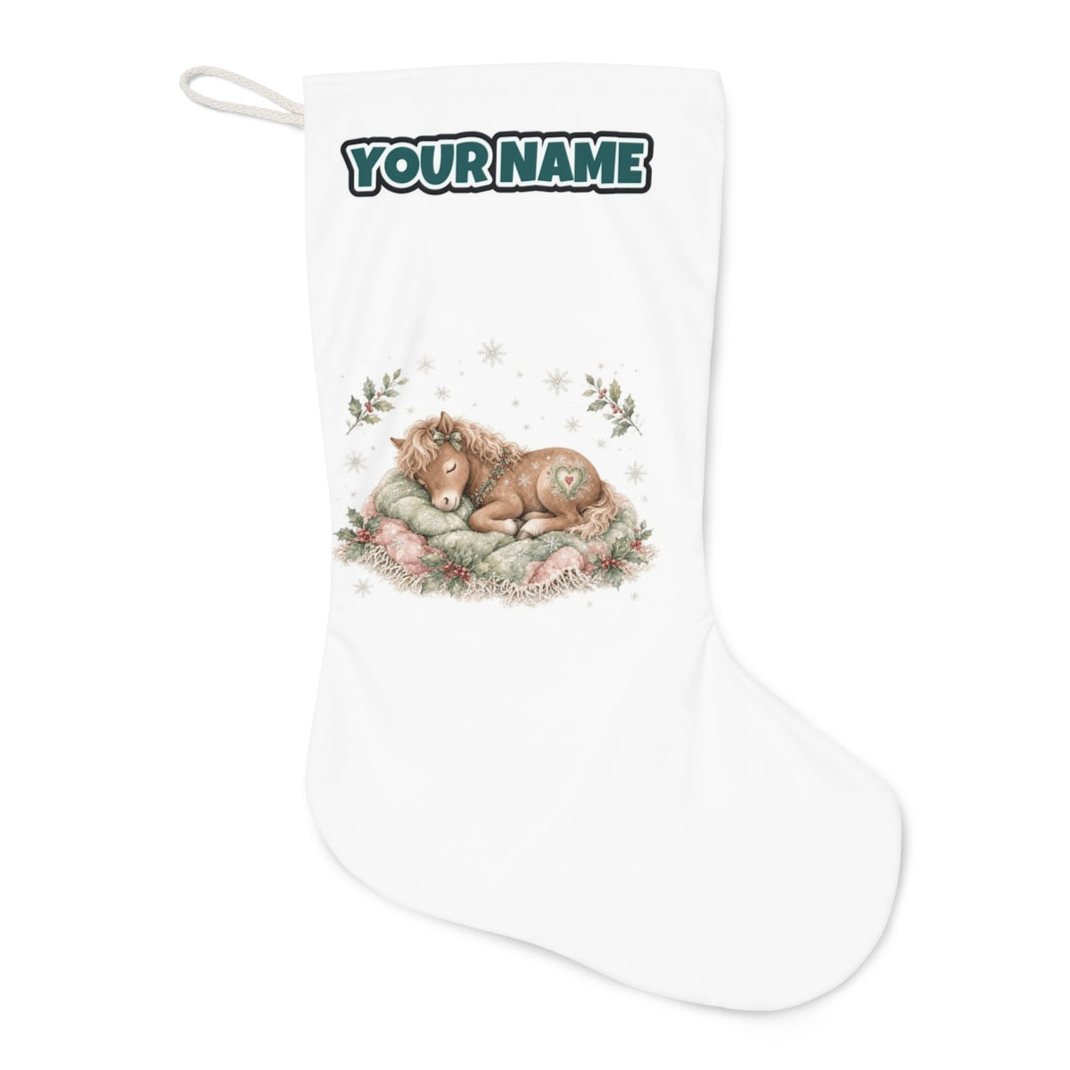 Sleepy Christmas Pony Christmas stocking laid flat, showing the full print