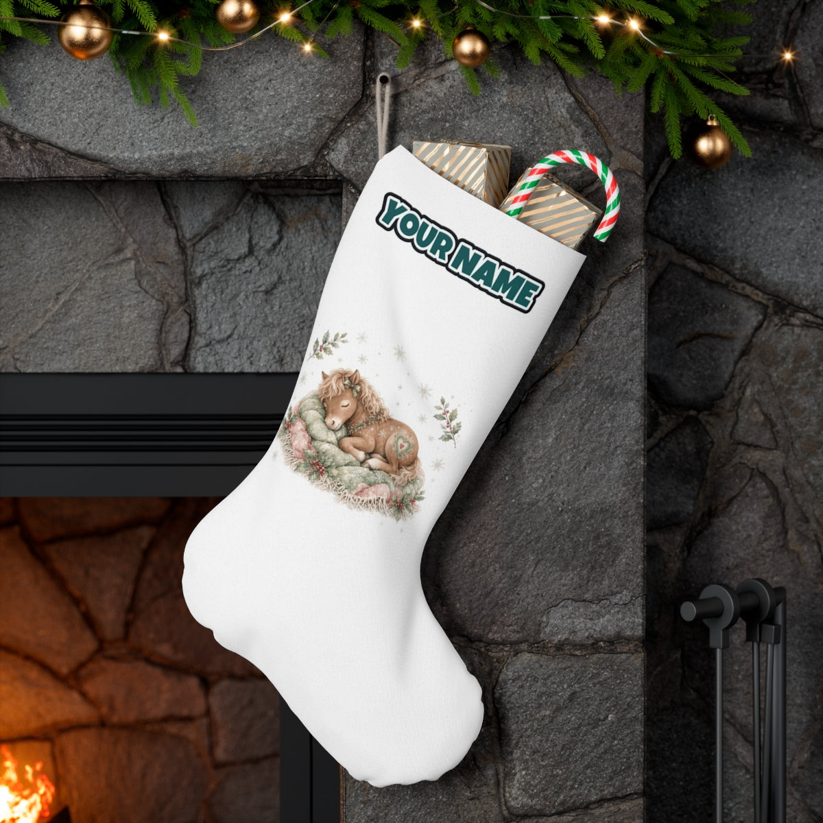 Sleepy Christmas Pony personalised Christmas stocking hanging on a mantel