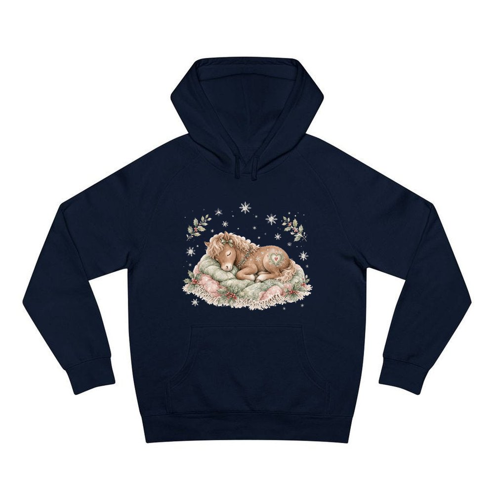 Sleepy Christmas Pony personalised Christmas hoodie in navy