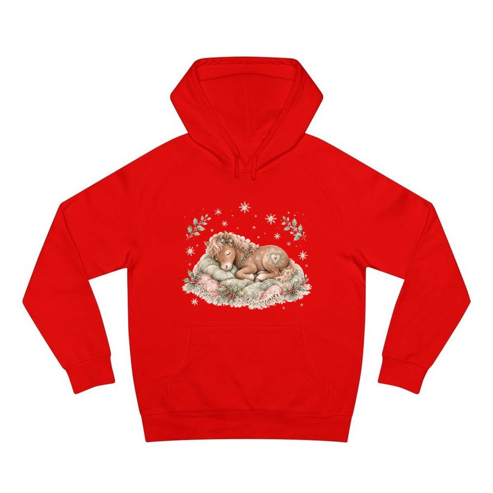 Sleepy Christmas Pony personalised Christmas hoodie in red