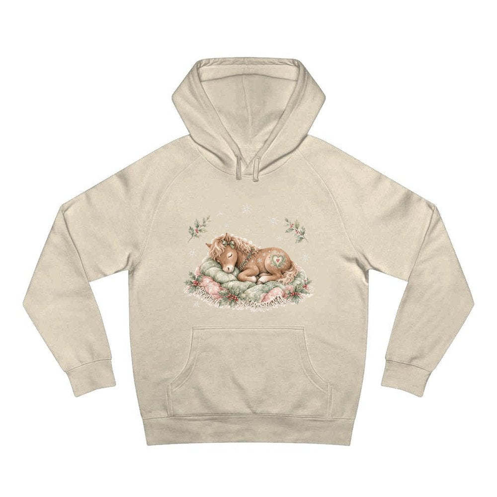 Sleepy Christmas Pony personalised Christmas hoodie in sand