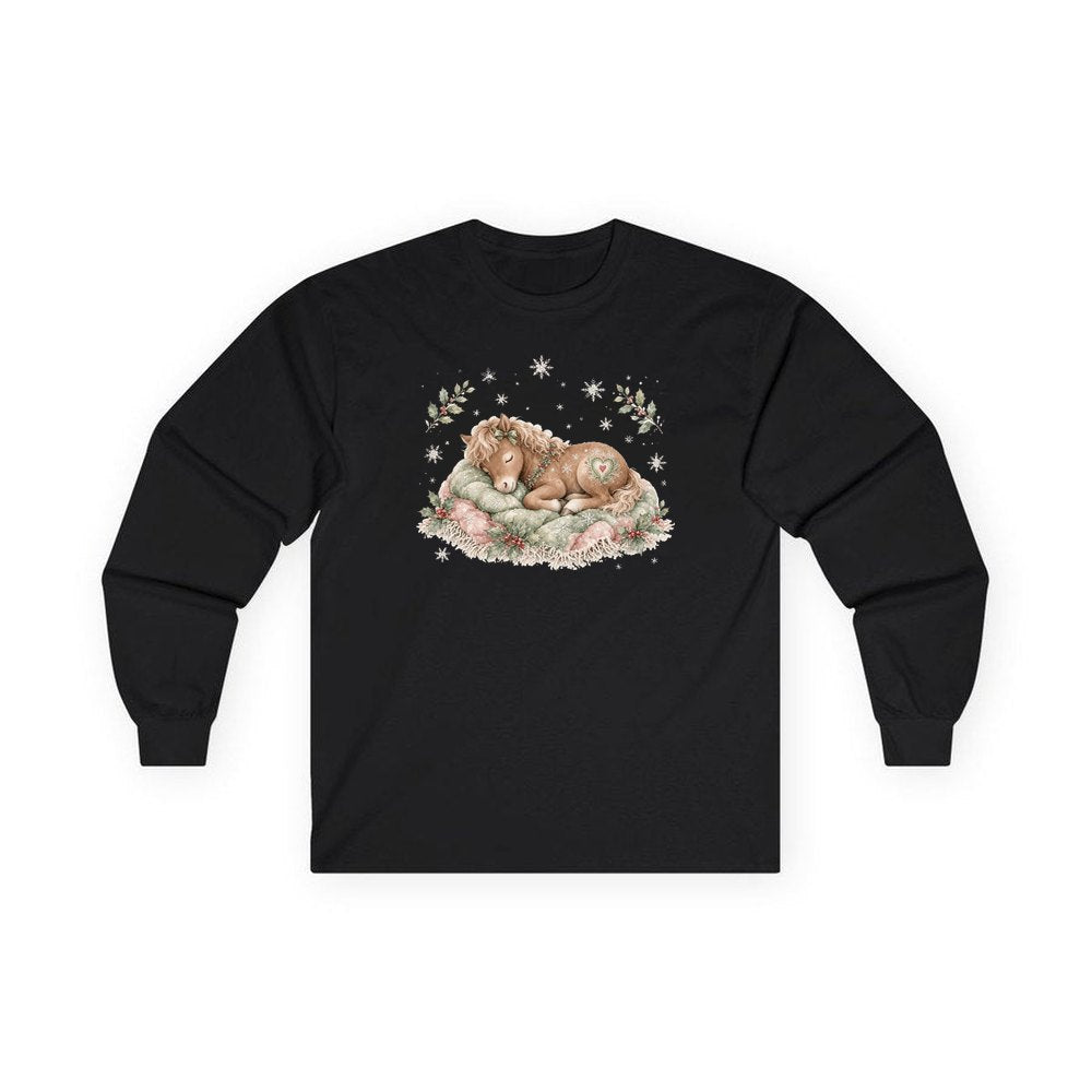 Sleepy Christmas Pony personalised long sleeve Christmas T-shirt in black
