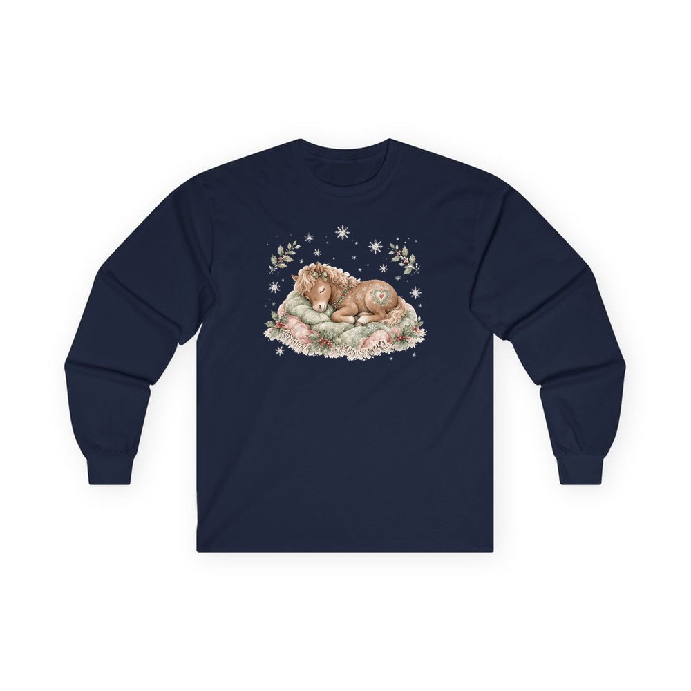 Sleepy Christmas Pony personalised long sleeve Christmas T-shirt in navy
