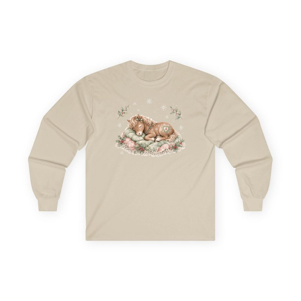 Sleepy Christmas Pony personalised long sleeve Christmas T-shirt in sand
