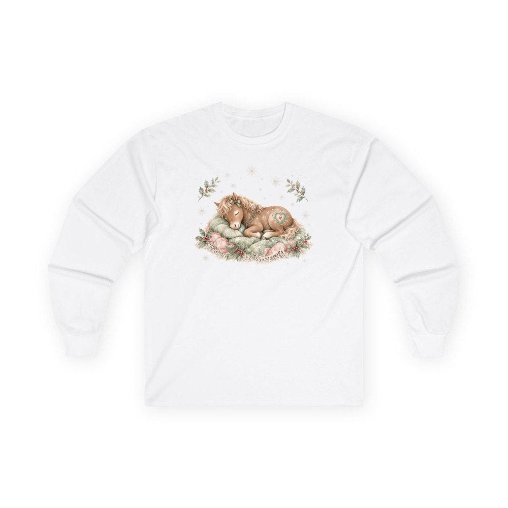 Sleepy Christmas Pony personalised long sleeve Christmas T-shirt in white
