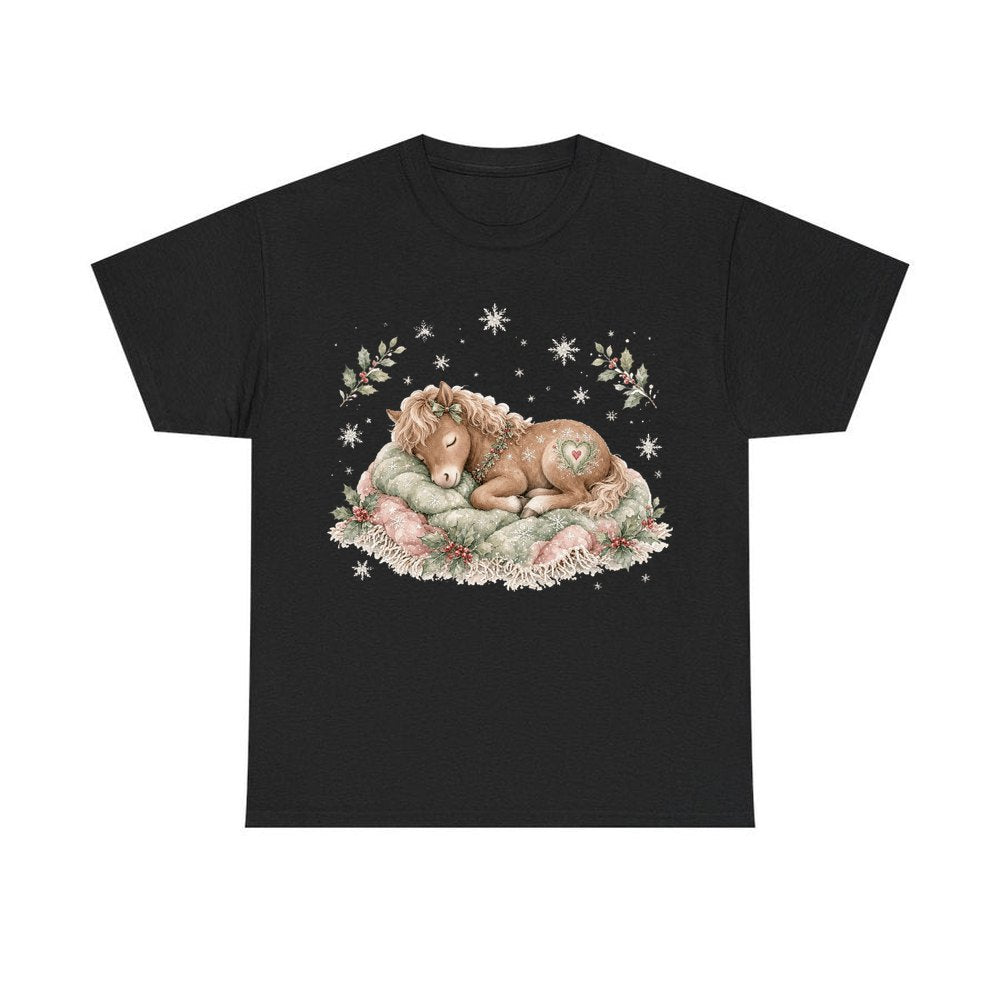 Sleepy Christmas Pony personalised Christmas T-shirt in black