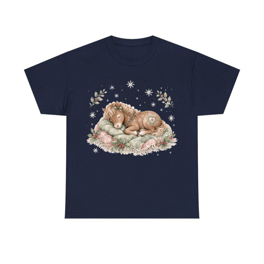 Sleepy Christmas Pony personalised Christmas T-shirt in navy