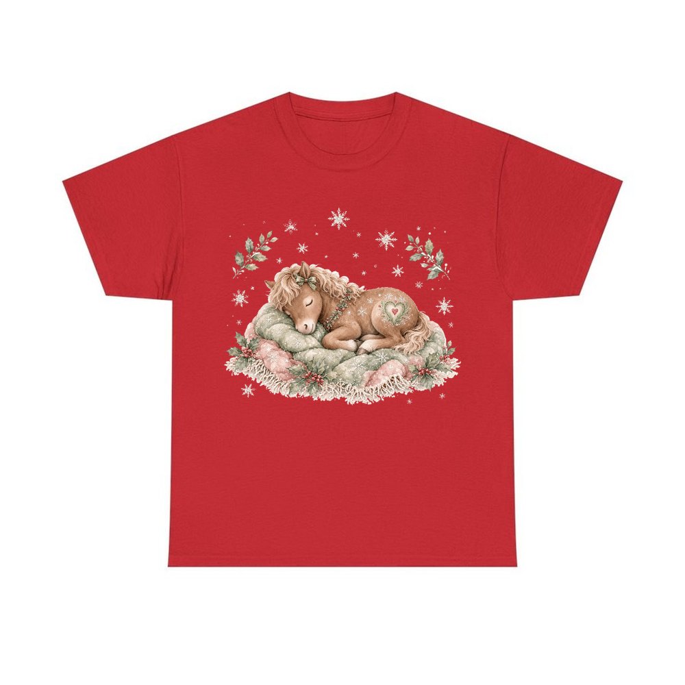 Sleepy Christmas Pony personalised Christmas T-shirt in red