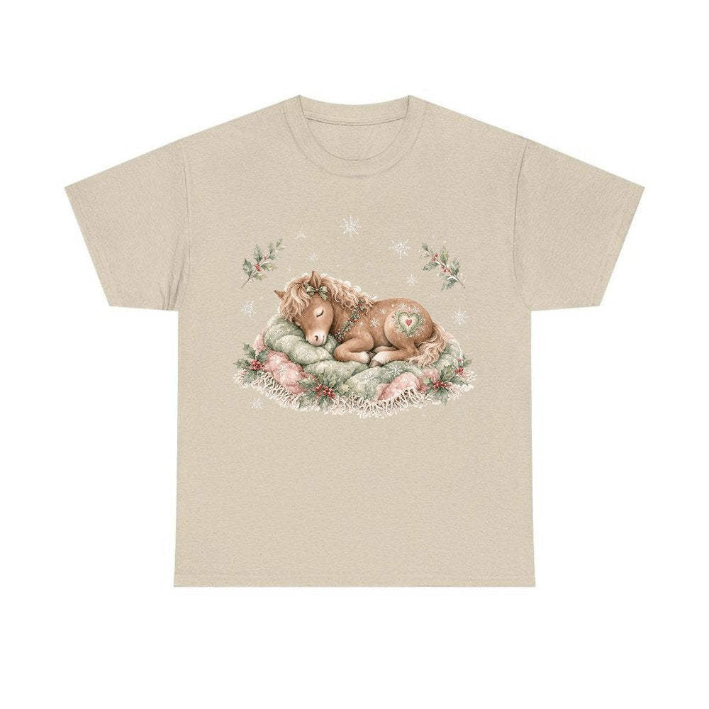 Sleepy Christmas Pony personalised Christmas T-shirt in sand