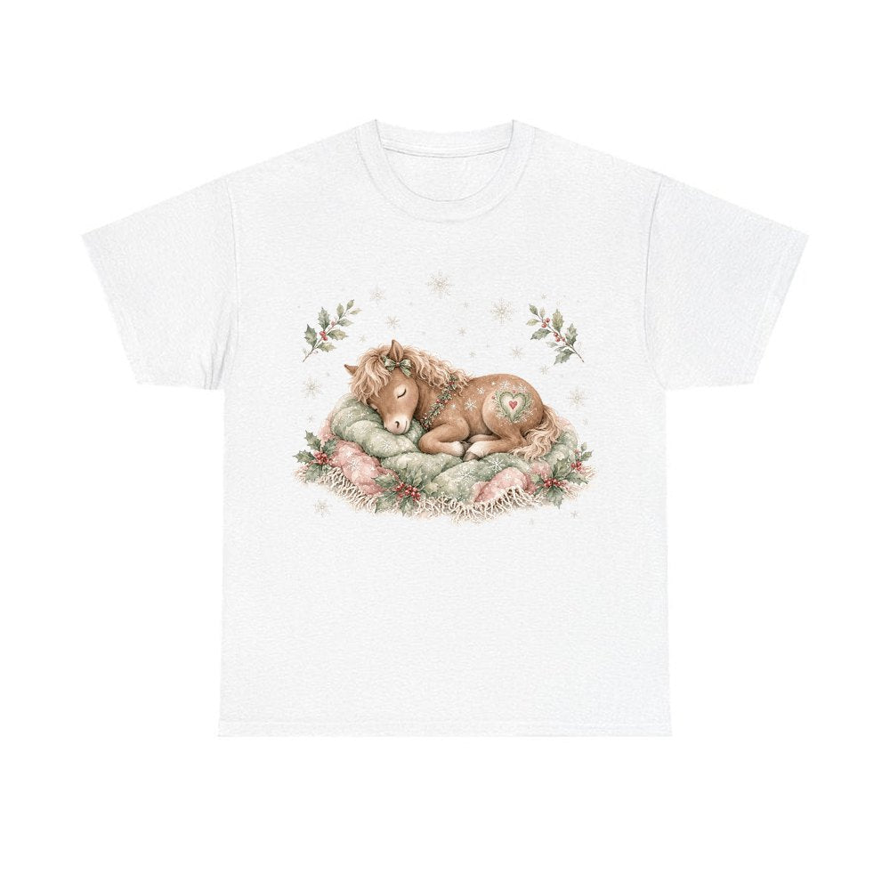 Sleepy Christmas Pony personalised Christmas T-shirt in white