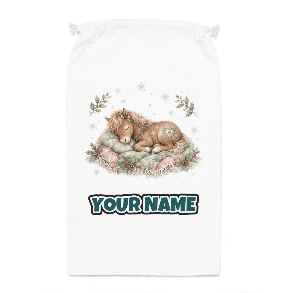 Sleepy Christmas Pony Santa sack laid flat, showing the full print