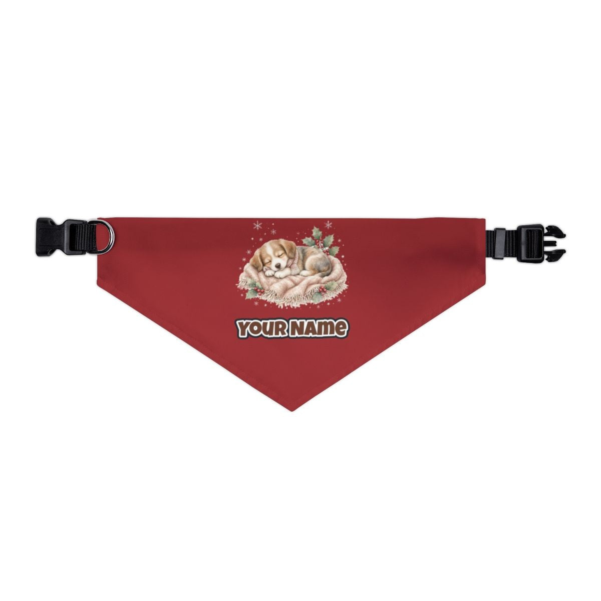 Sleepy Christmas Puppy personalised Christmas pet bandana in red, collar with buckle