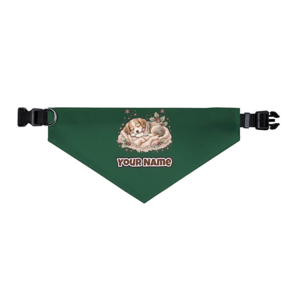 Sleepy Christmas Puppy personalised Christmas pet bandana in green, collar with buckle