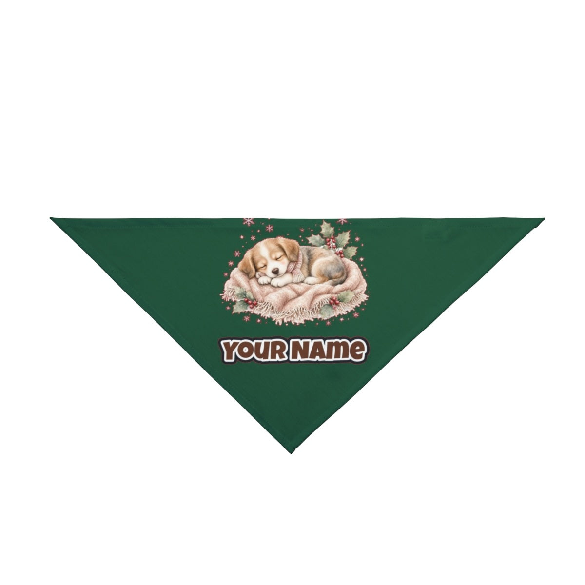 Sleepy Christmas Puppy personalised Christmas pet bandana in green, tie-on style