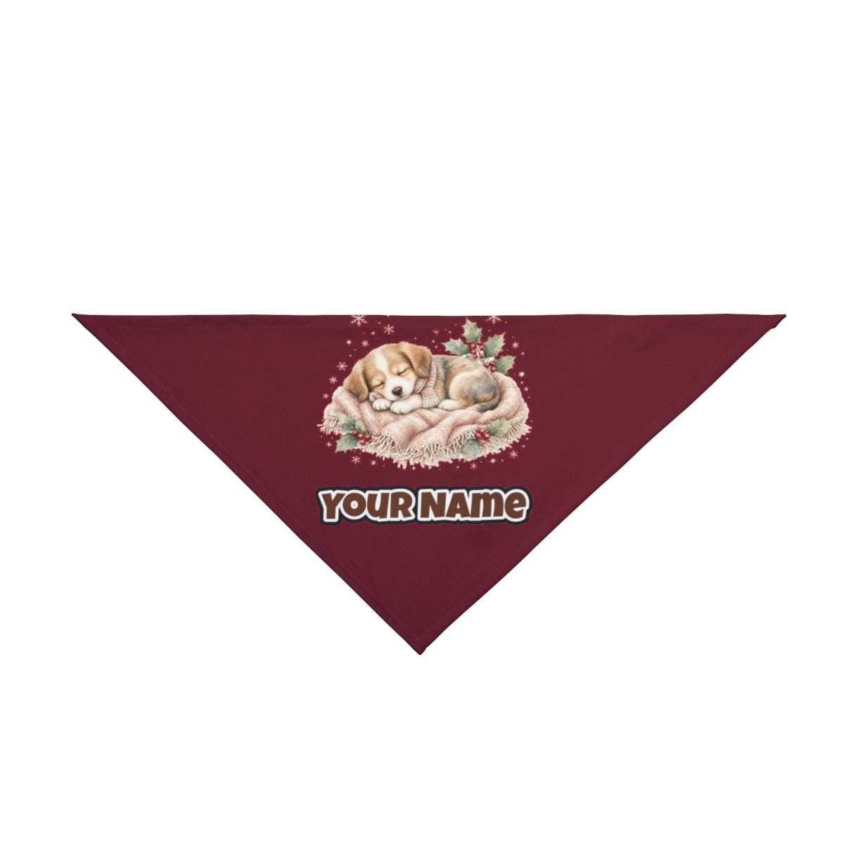 Sleepy Christmas Puppy personalised Christmas pet bandana in maroon, tie-on style