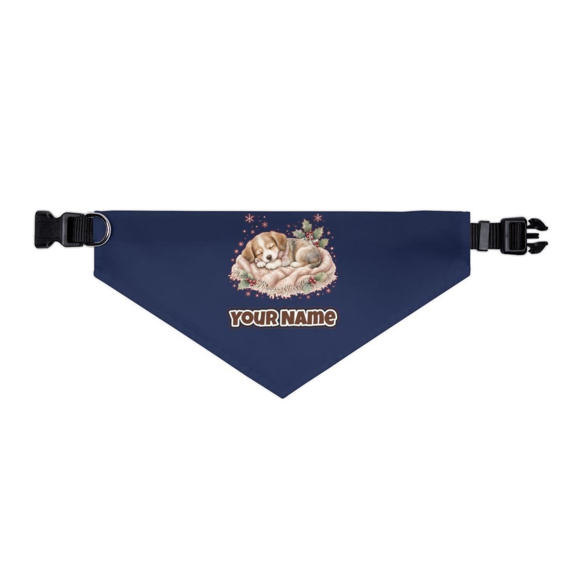 Sleepy Christmas Puppy personalised Christmas pet bandana in navy, collar with buckle