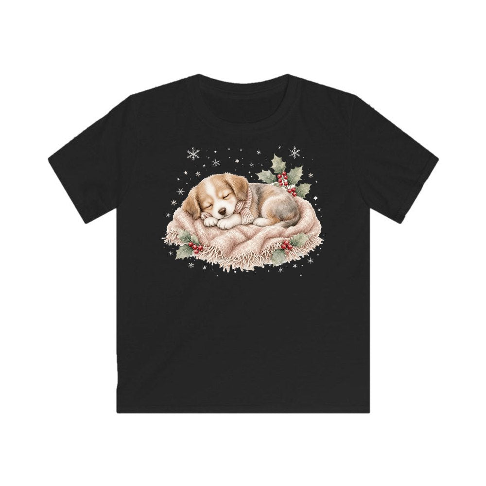Sleepy Christmas Puppy personalised kids Christmas tee in black