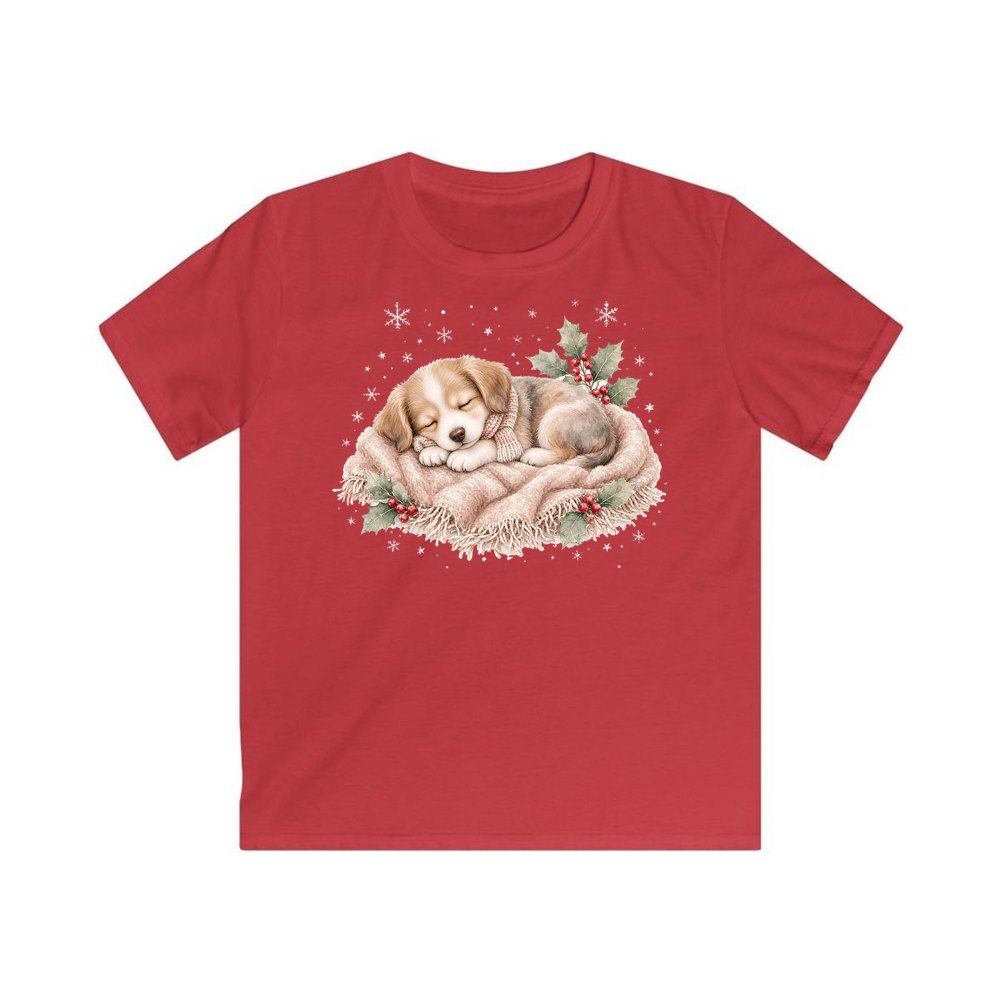 Sleepy Christmas Puppy personalised kids Christmas tee in red