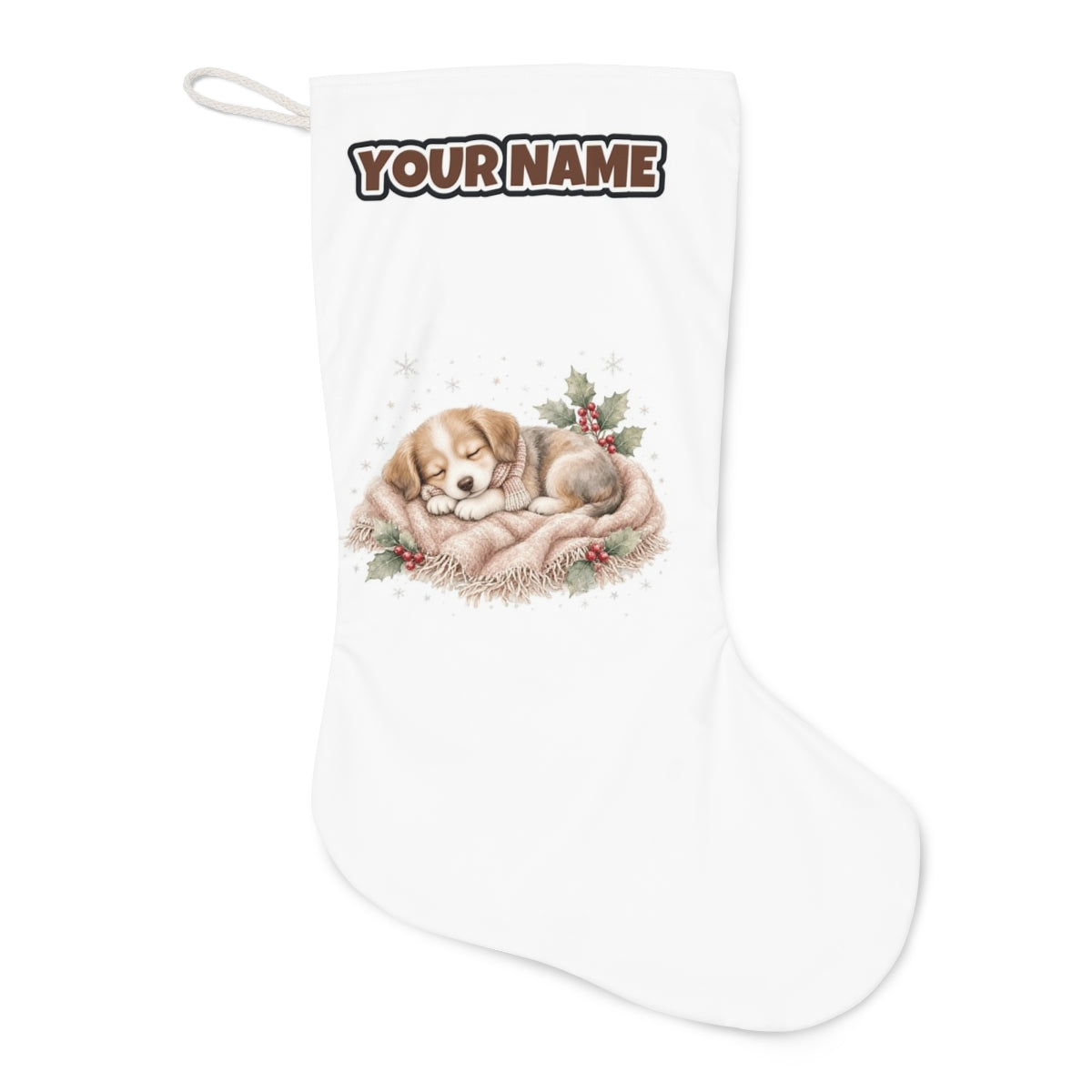 Sleepy Christmas Puppy Christmas stocking laid flat, showing the full print