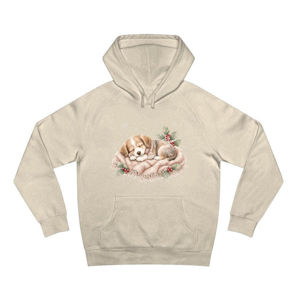 Sleepy Christmas Puppy personalised Christmas hoodie in sand