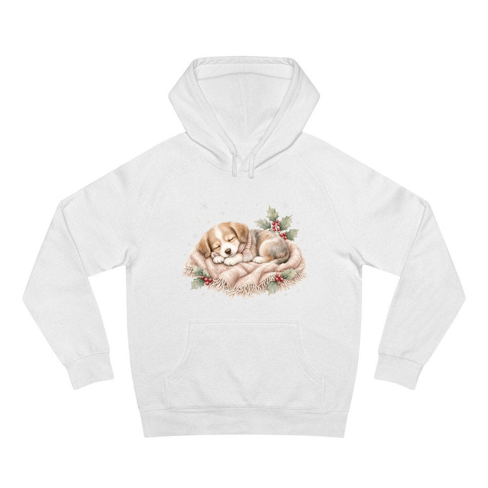 Sleepy Christmas Puppy personalised Christmas hoodie in white