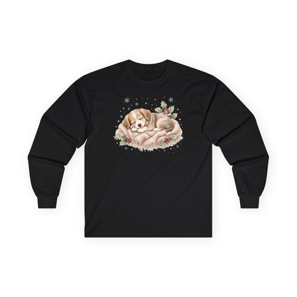Sleepy Christmas Puppy personalised long sleeve Christmas T-shirt in black
