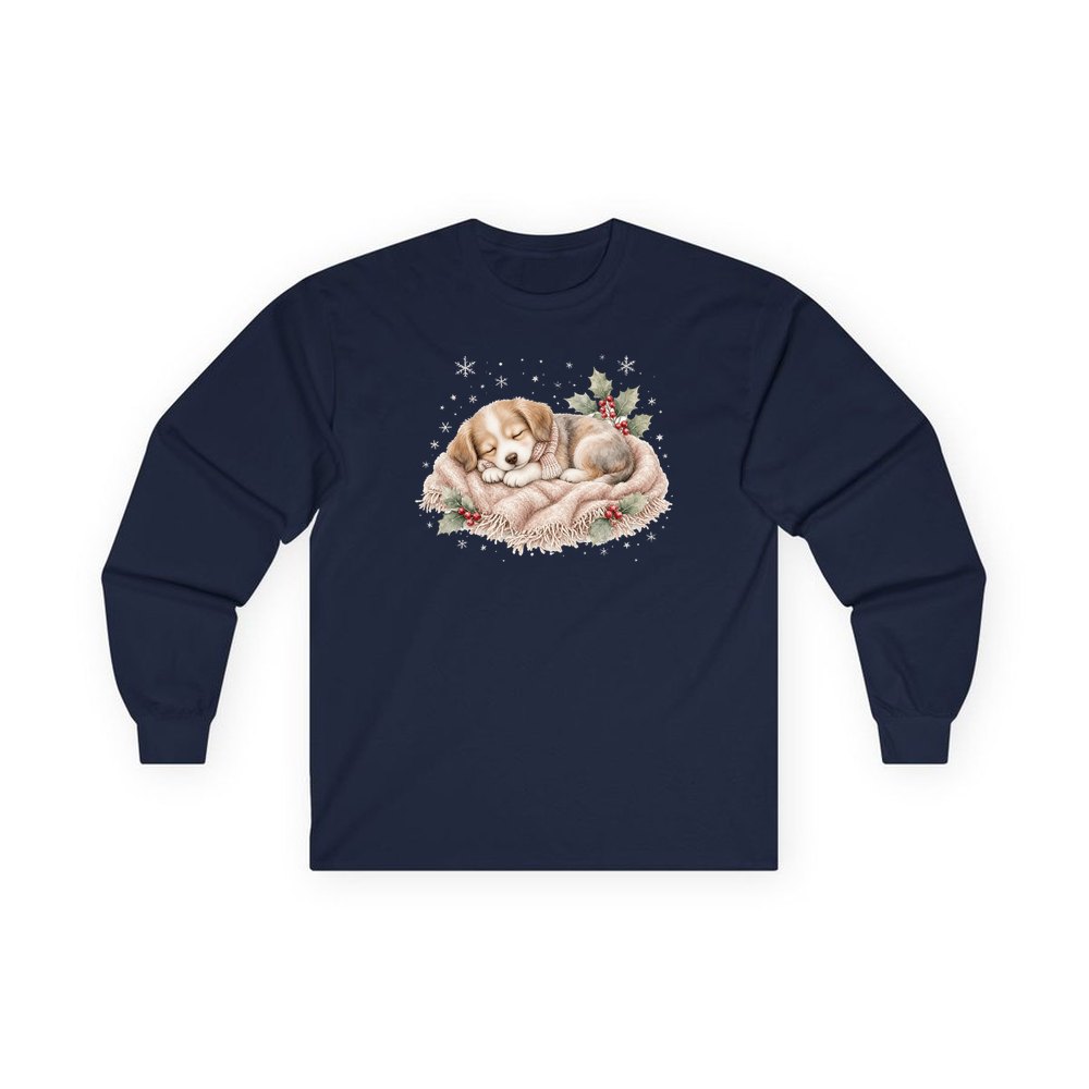 Sleepy Christmas Puppy personalised long sleeve Christmas T-shirt in navy