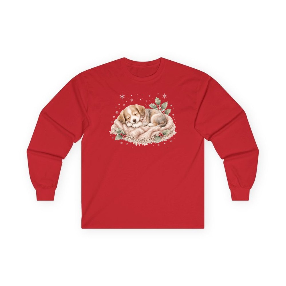 Sleepy Christmas Puppy personalised long sleeve Christmas T-shirt in red