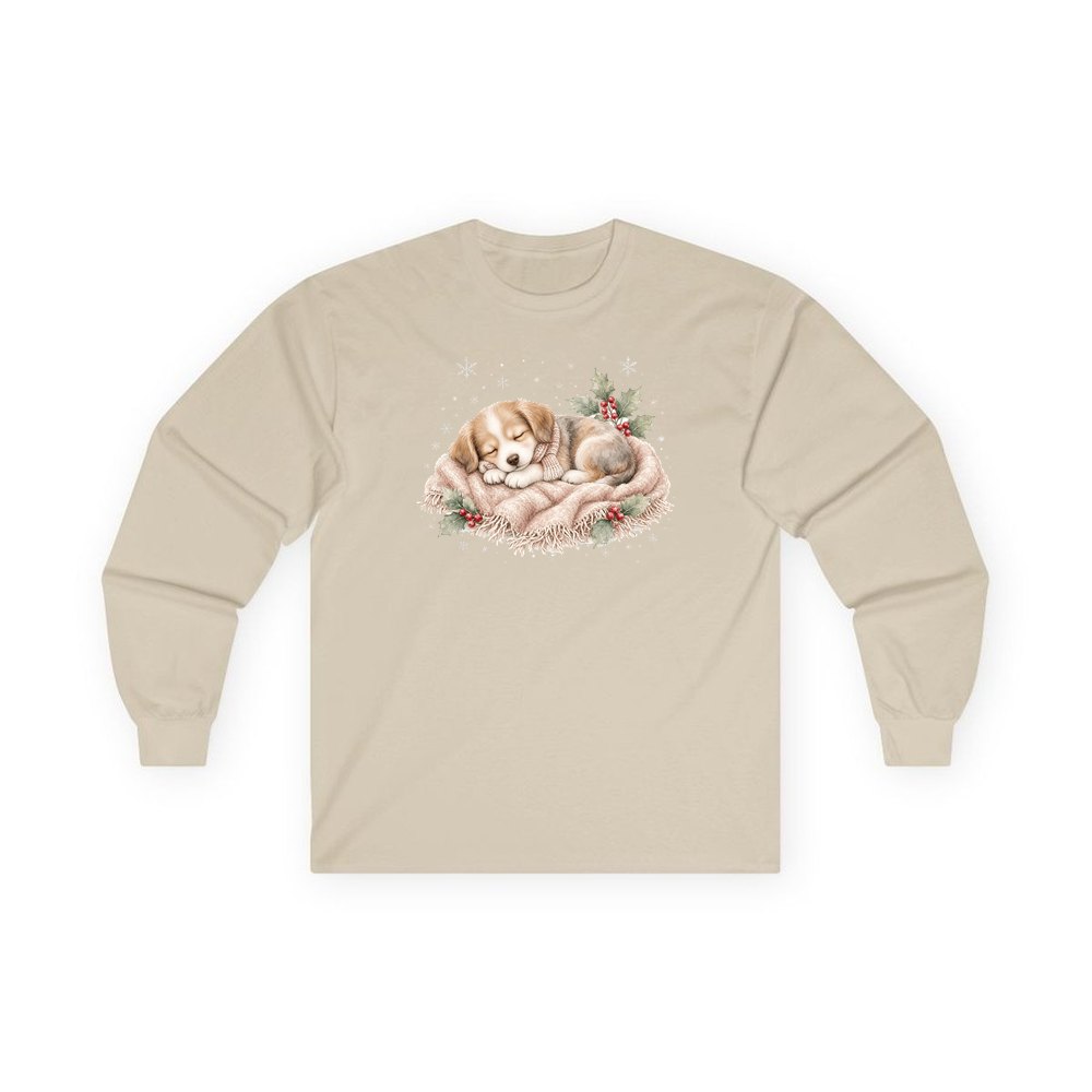 Sleepy Christmas Puppy personalised long sleeve Christmas T-shirt in sand