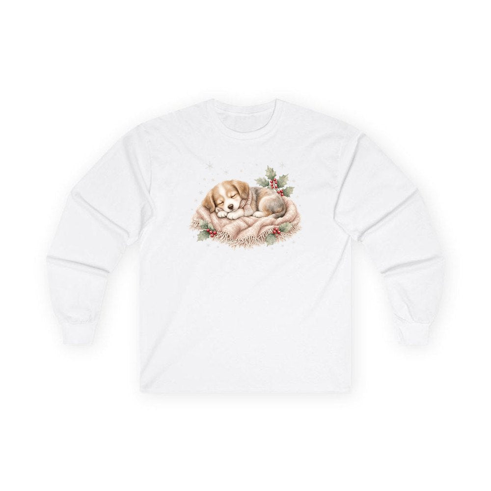 Sleepy Christmas Puppy personalised long sleeve Christmas T-shirt in white