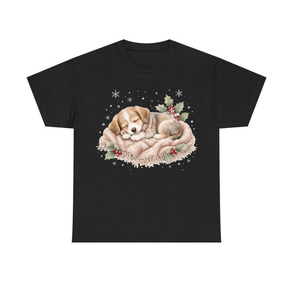 Sleepy Christmas Puppy personalised Christmas T-shirt in black