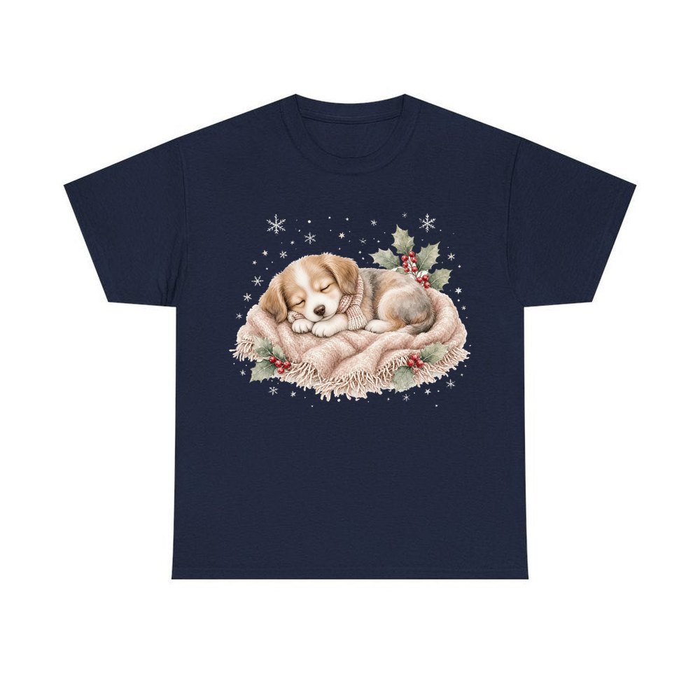 Sleepy Christmas Puppy personalised Christmas T-shirt in navy