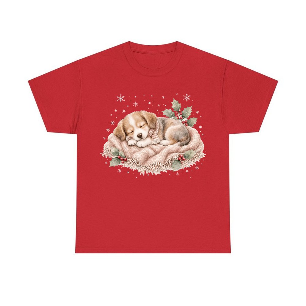 Sleepy Christmas Puppy personalised Christmas T-shirt in red