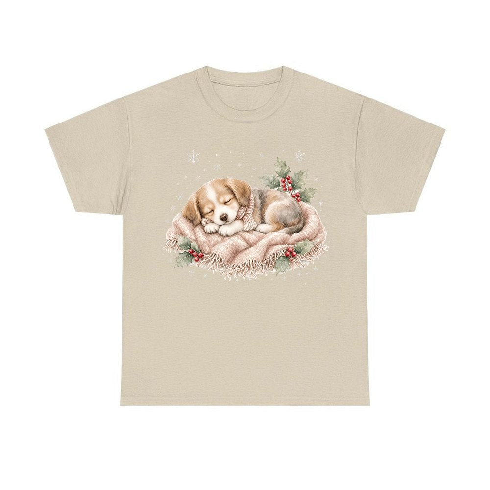 Sleepy Christmas Puppy personalised Christmas T-shirt in sand