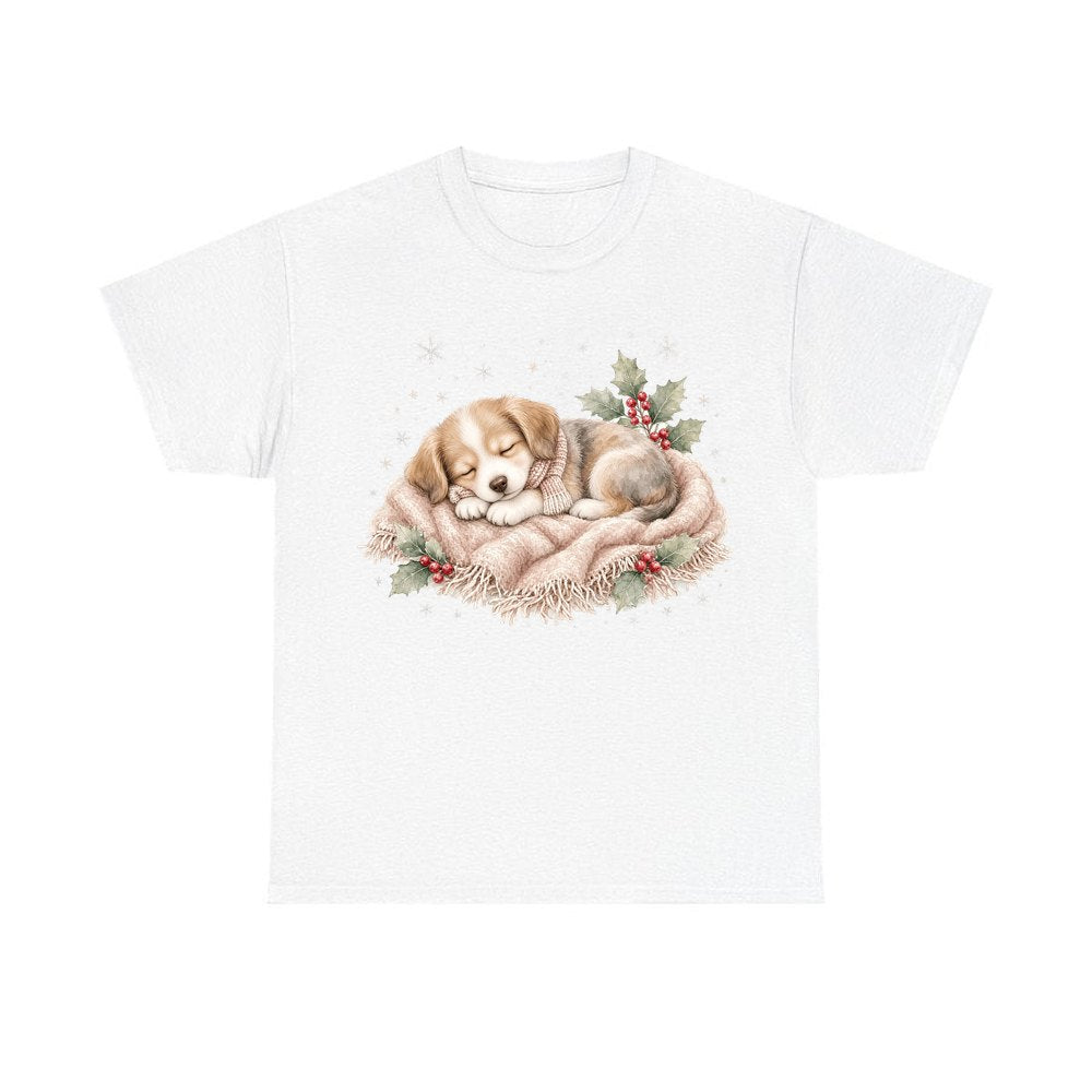 Sleepy Christmas Puppy personalised Christmas T-shirt in white