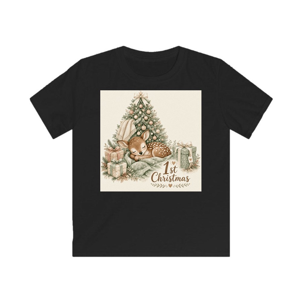 Sleepy Fawn First Christmas personalised kids Christmas tee in black