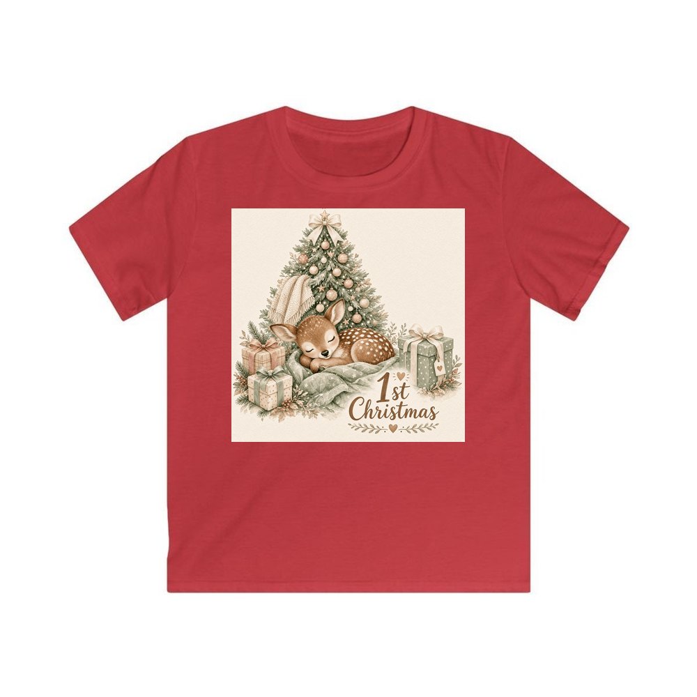 Sleepy Fawn First Christmas personalised kids Christmas tee in red