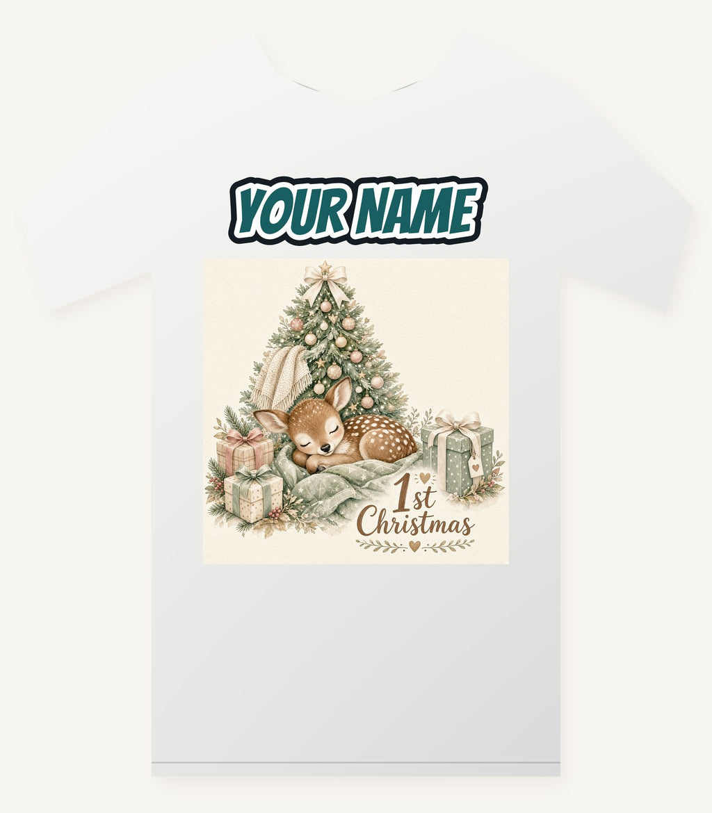 Sleepy Fawn First Christmas Personalised Christmas T-Shirt and Hoodie