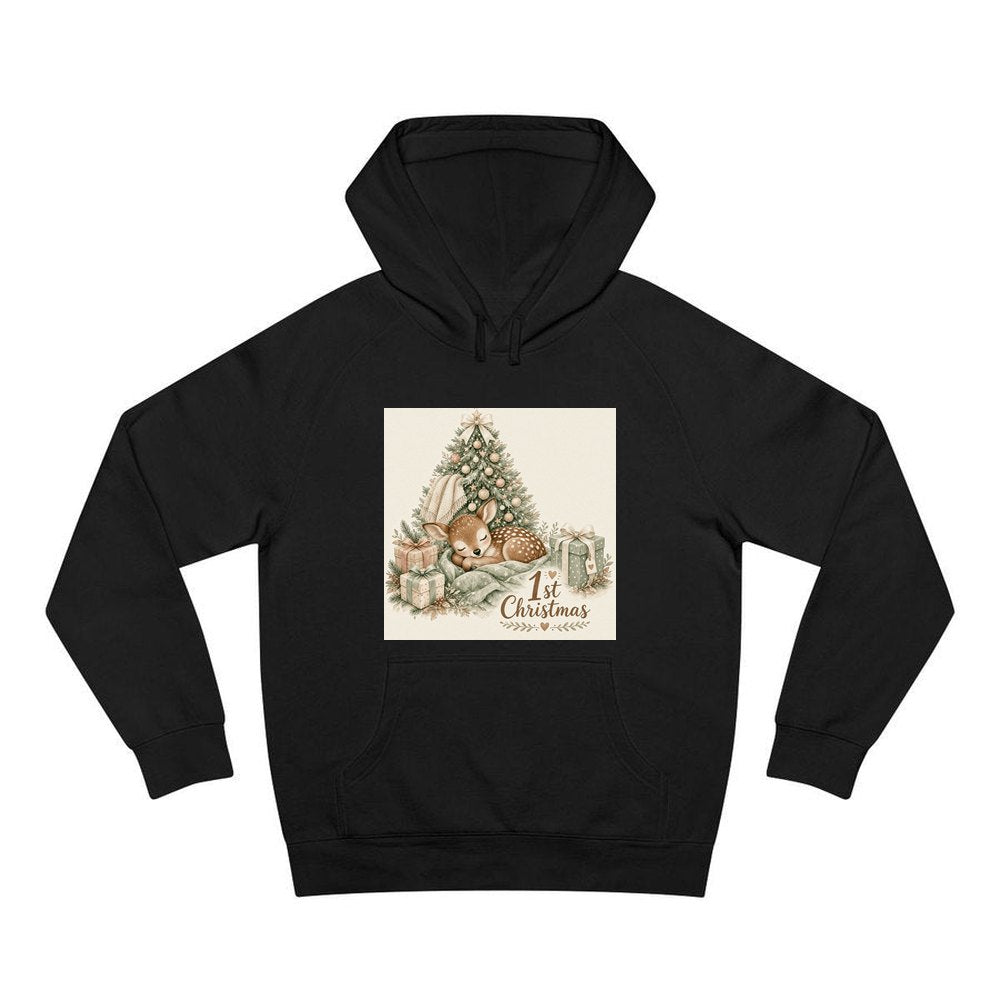 Sleepy Fawn First Christmas personalised Christmas hoodie in black