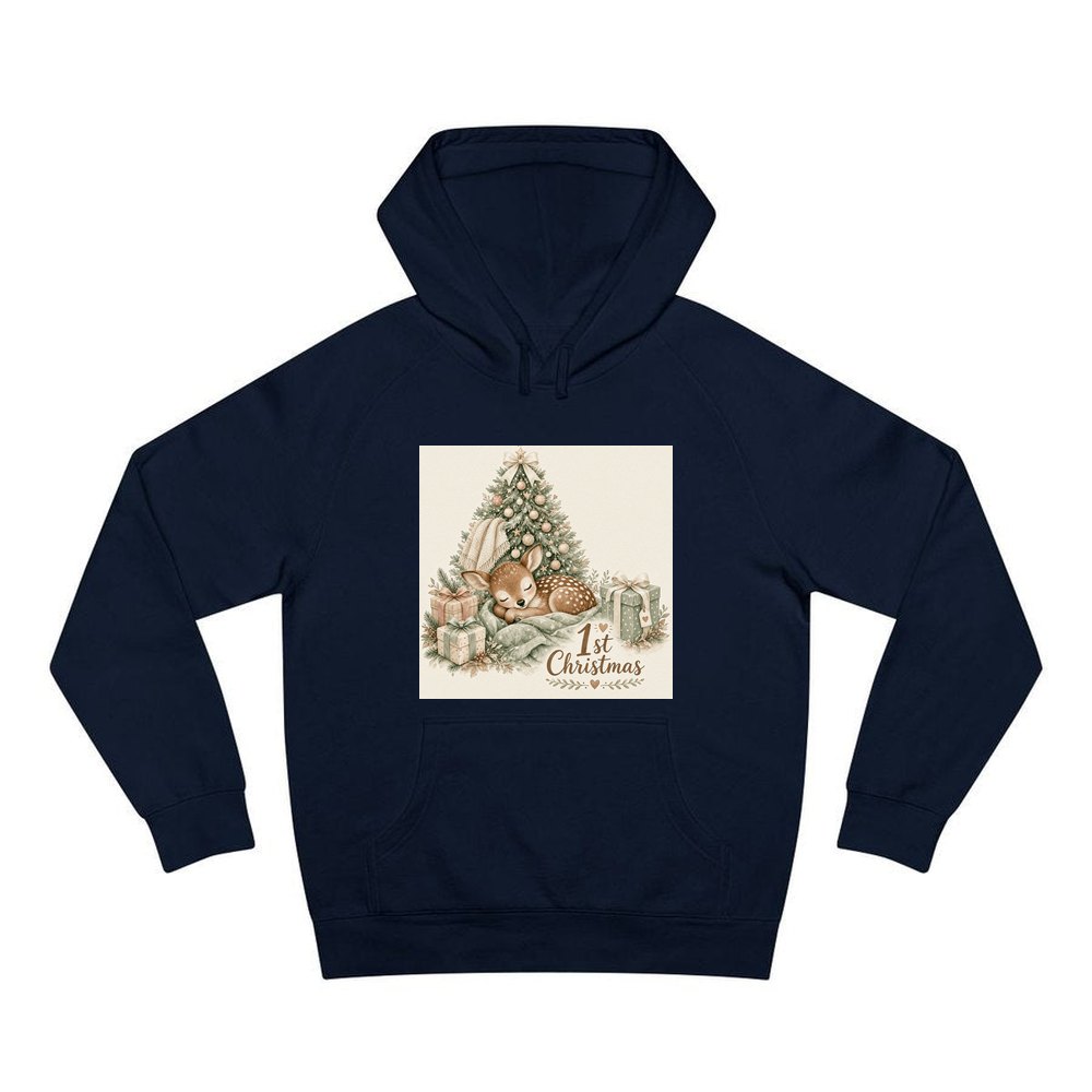 Sleepy Fawn First Christmas personalised Christmas hoodie in navy