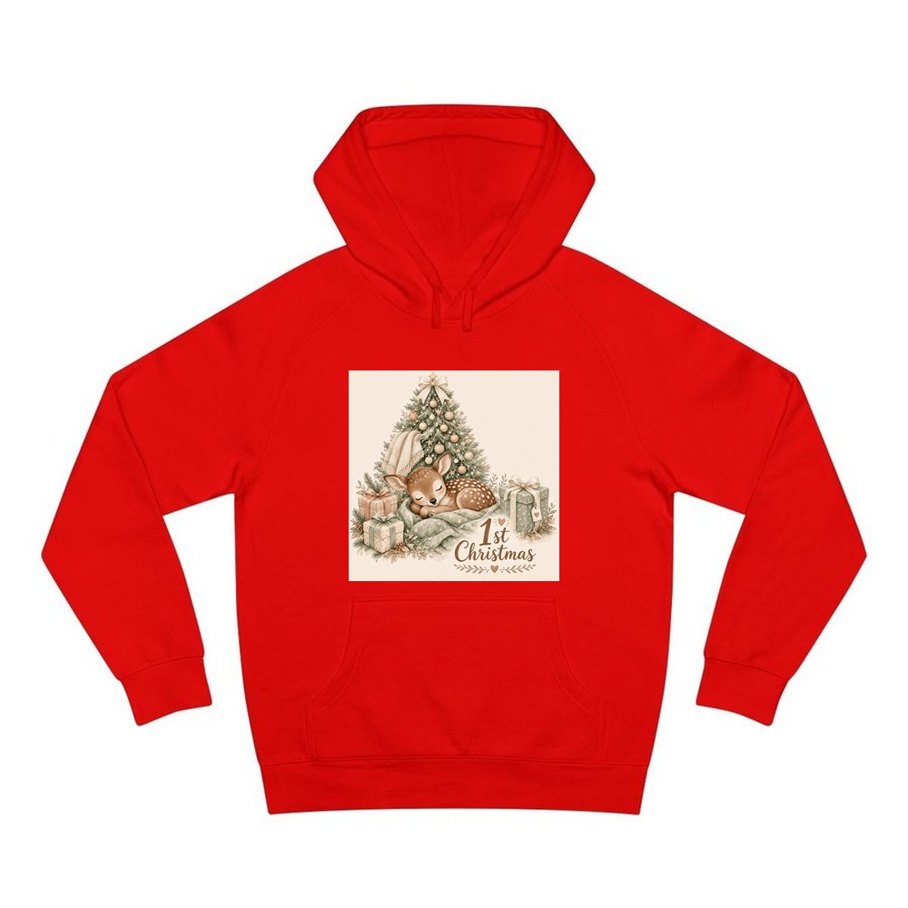 Sleepy Fawn First Christmas personalised Christmas hoodie in red