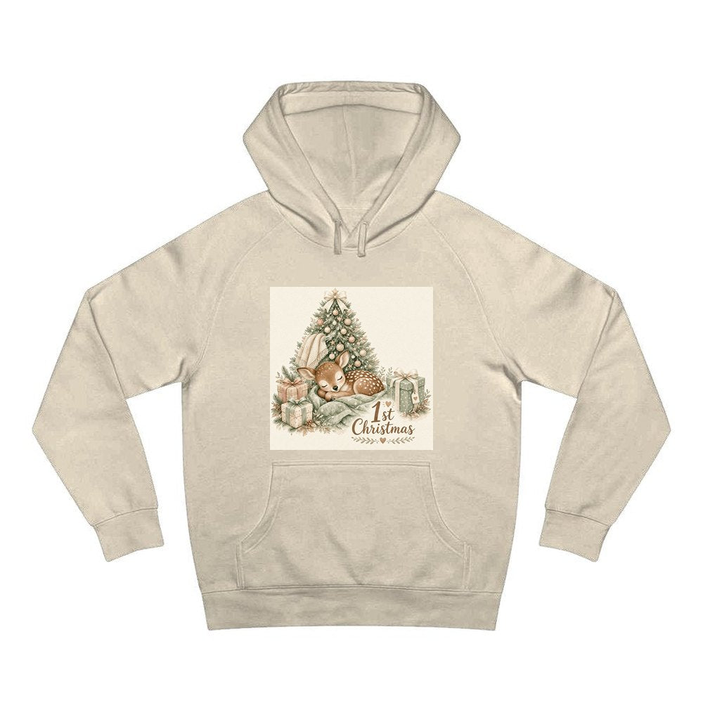 Sleepy Fawn First Christmas personalised Christmas hoodie in sand