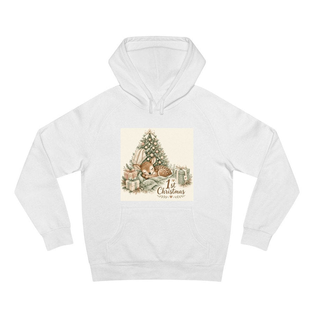 Sleepy Fawn First Christmas personalised Christmas hoodie in white