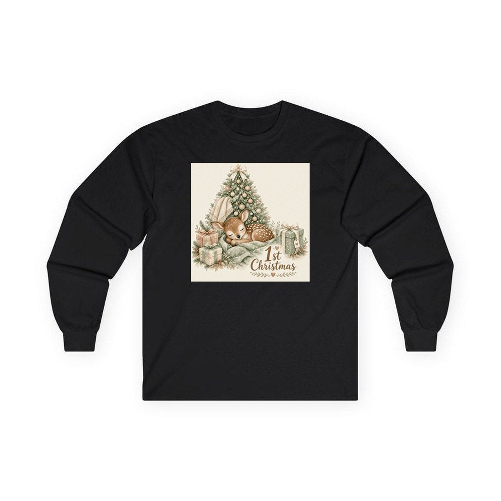 Sleepy Fawn First Christmas personalised long sleeve Christmas T-shirt in black