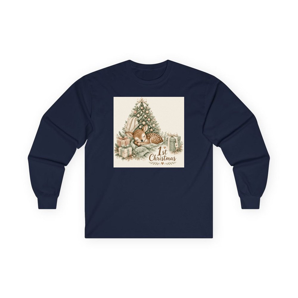 Sleepy Fawn First Christmas personalised long sleeve Christmas T-shirt in navy