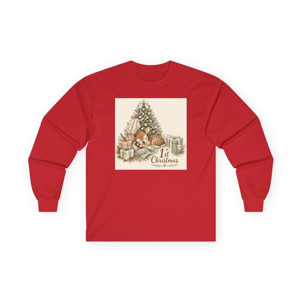 Sleepy Fawn First Christmas personalised long sleeve Christmas T-shirt in red